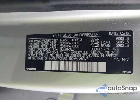 2017 Volvo Xc90 T6 Momentum z USA, uszkodzony, nr VIN YV4A22PK8H1112467